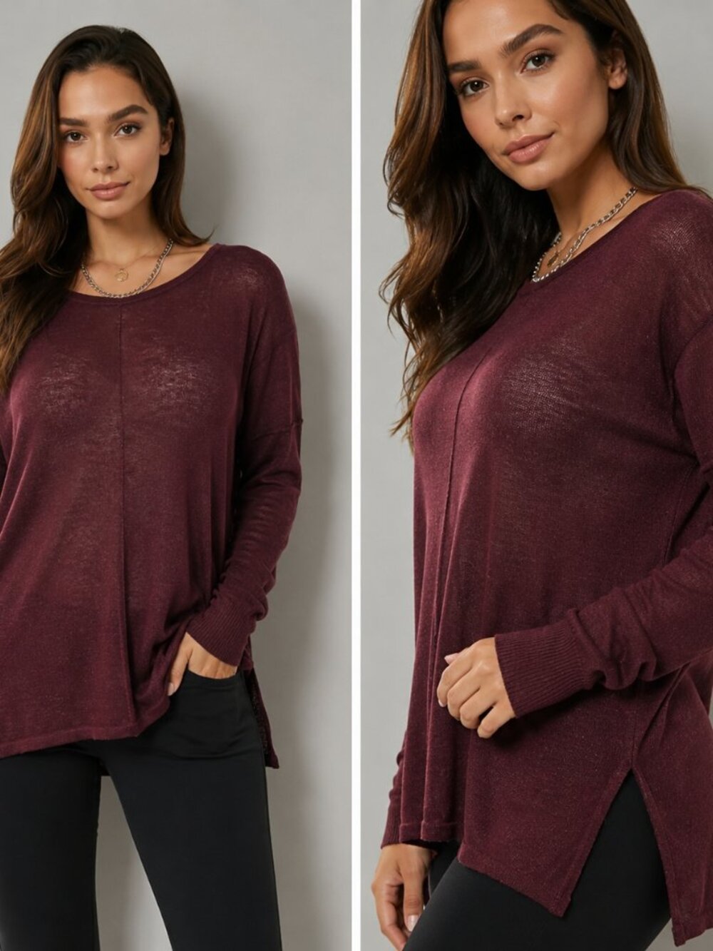 H&M Women Sweater XS Burgundy Lightweight Crewneck Soft Flowy Casual Top - Picture 2 of 6